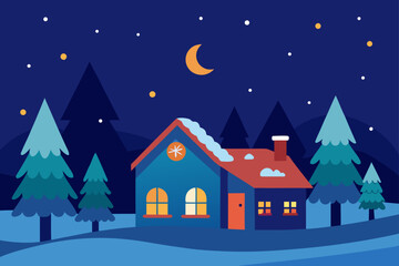 Fototapeta premium A snowy Christmas night village landscape with decorated houses, festive trees, and a starry sky illustration