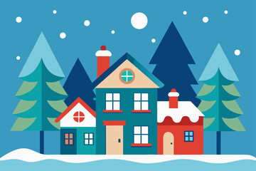 Fototapeta premium ❄️ Cartoon vector illustration of a winter Christmas village landscape with snow-covered houses and trees under a night sky