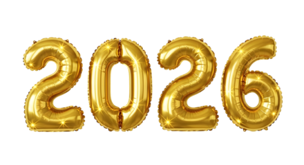 Shiny gold number spelling 2026, Happy new year isolated on transparent background