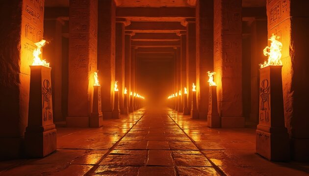 Long ancient stone corridor with hieroglyphs on pillars, lit by burning torches. Floor reflects warm firelight in dark hallway. Interior tomb passage.