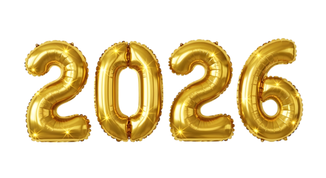 Shiny gold number spelling 2026, Happy new year isolated on transparent background