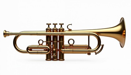 Obraz premium Golden trumpet with shiny brass surface isolated on white background. Musical instrument has three valves and curved tube. Trumpet is classic symbol of music and joyful sound.