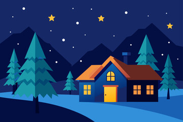 Fototapeta premium A festive Christmas night winter landscape with a snow-covered house, tree, and twinkling stars is a perfect holiday scene vector illustration for a seasonal card