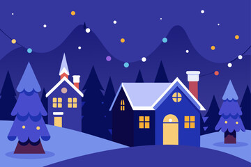 Fototapeta premium A serene winter village scene with houses nestled under a snowy night sky, illuminated by warm holiday cheer and festive decorations