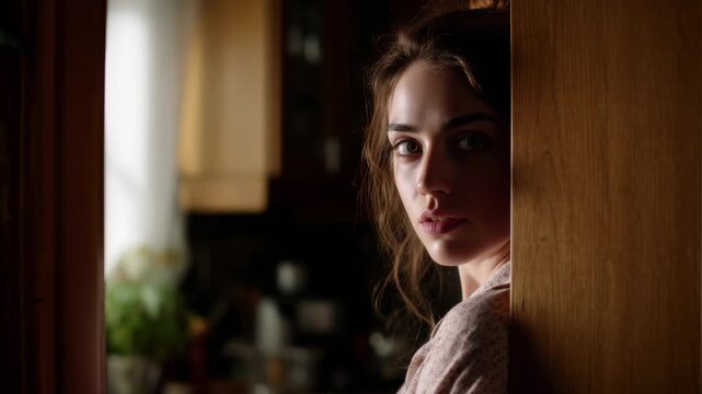 Frightened young woman with a concerned expression hiding behind a door and peeking out, watching something with fear and anxiety in a dark room. Beautiful girl spying on someone in her home