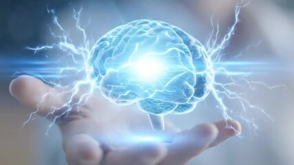 A human hand delicately holds a visually striking, glowing blue brain, intricately designed with circuit board patterns and surrounded by radiant electrical energy. This powerful conceptual imagery sy