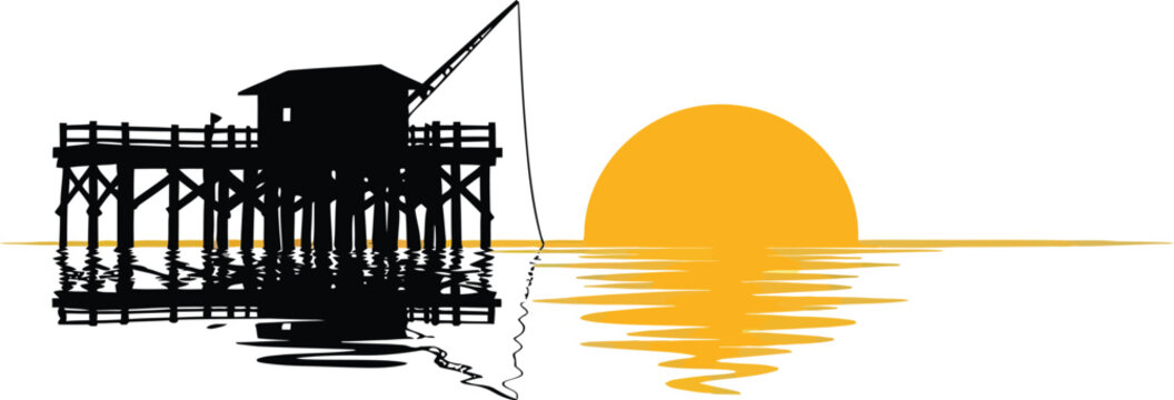 Silhouette of fishing house at sunset creates peaceful, serene, and calming scene