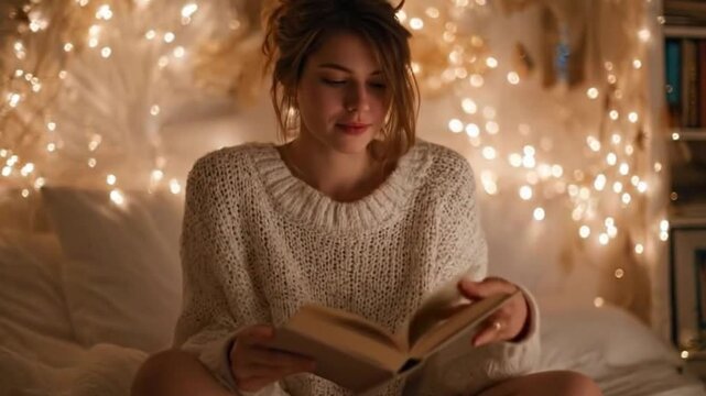 A serene and inviting scene features a person comfortably engrossed in reading a book, softly turning its pages amidst a warm, ambient glow. The cozy atmosphere is created by numerous out-of-focus str