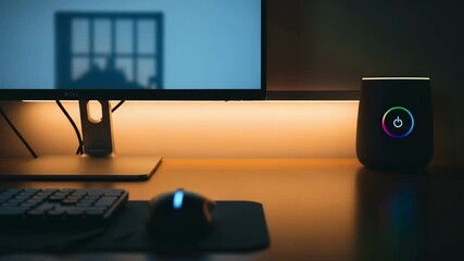Smart Wi-Fi router with LED light on modern desk, dark ambient tones, home network technology concept - Powered by Adobe