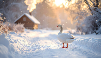 goose in the sno near the wooden house