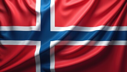 Obraz premium Norway flag fabric waves with blue cross and red background detail. National symbol texture, detailed cloth, patriotic colors fly. Clear symbol of country identity, heritage.