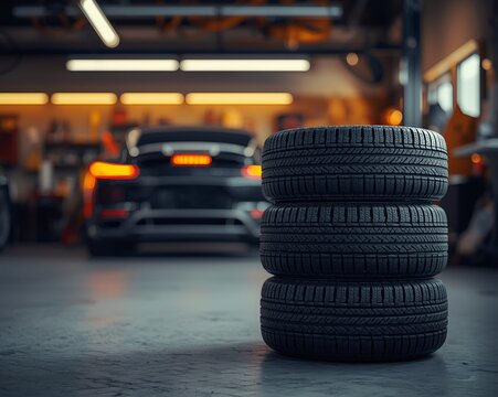 Stack of car tires in auto repair garage