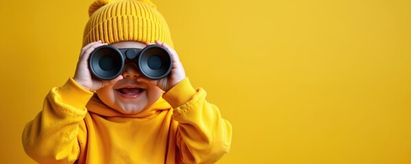 Little baby wears yellow hat, hoodie looking through binoculars, exploring world with curiosity. Image works for concepts like discovery, adventure, childhood wonder. Perfect for educational playful