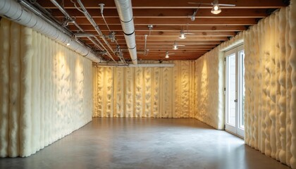 Basement walls covered in spray foam insulation. This unfinished space has exposed pipes and ductwork above. Renovation work ensures energy efficiency and comfort for the home.