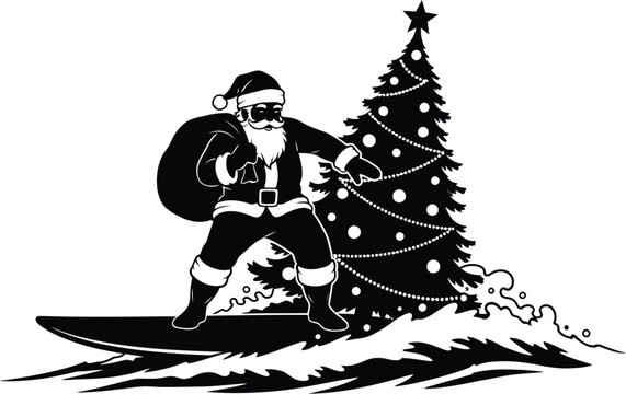 Santa claus surfing with a bag of gifts and christmas tree vector illustration of a summer holiday