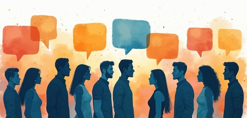 Diverse men, women in silhouette stand facing. Colorful speech bubbles float above. Illustration shows communication, discussion, social interaction. Represents dialogue, digital networking, online