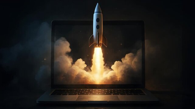A dynamic video concept of a rocket launching from a laptop screen. Captured from a front angle, blending technology and imagination in a dark setting. Live desktop wallpaper.