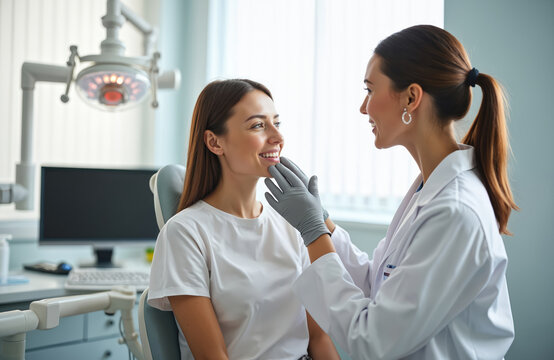 Female dentist talks with young woman patient in modern dental clinic setting. Doctor wears grey gloves, gently examines patient jaw, teeth with utmost care. Both smiling, happy patient receives pro