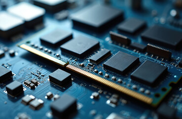 Closeup of RAM module on circuit board. Electronic components include microchips. Tech details of computer main memory with electrical engineering. Modern technology improves speed and performance.