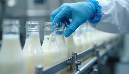 Hand in glove fills milk glass bottles at factory. Production line pours liquid in beverage containers. Man controls food industry process. Dairy production in modern plant ensures alimentary