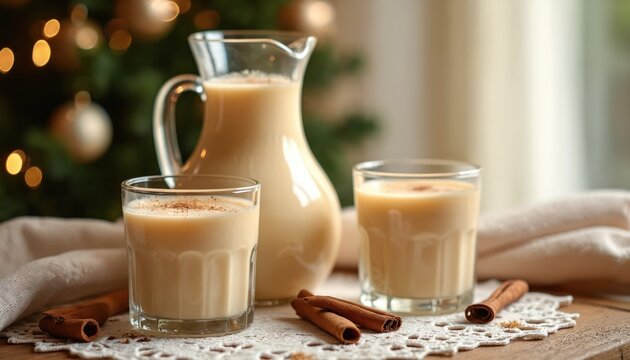 Creamy Coquito drink in glass, pitcher on wooden table with doily. Holiday beverage with cinnamon, nutmeg. Festive decor with blurred Christmas tree lights. Traditional sweet coco milk cocktail ready