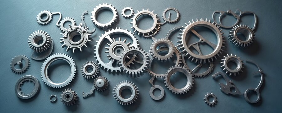 Many metal gears, cogwheels on blue background. Industrial machine parts. Mechanical engineering components. Metallic cogs, wheels. Industrial technology concept. Gears, machinery elements.