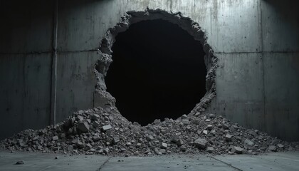 Dark circular breach in concrete wall stark interior space. Debris accumulates around hole creating dramatic visual effect. Scene suggests destruction transformation within industrial setting.