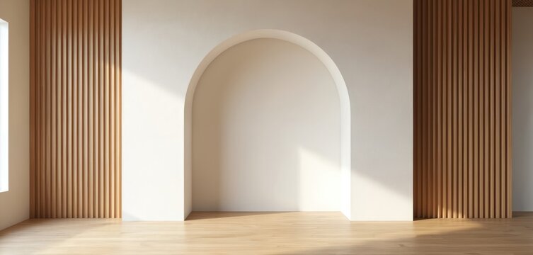 Empty modern room light wood floor, slatted walls. White arch in center wall, window light creates shadows. Clean minimalist interior design, Japandi style, warm atmosphere, inviting home living