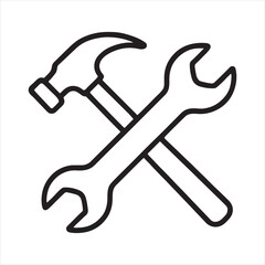 Illustration of a  hammer and a silver wrench crossed together isolated on transparent background