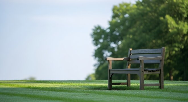 Wooden bench on green lawn under blue sky. Serene outdoor scene for rest, leisure, and relaxation.
