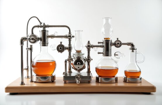 Lab apparatus with glass flasks and metal tubes contains amber liquid. This setup suggests distillation or scientific experiment for creating alcohol or essential oils.