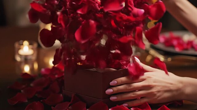 Hands unwrapping gift box with ribbon surrounded by rose petals