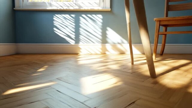 Bright room interior with wooden floor sunlight shadows and empty chair