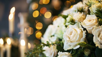 A close-up of white roses arranged elegantly with soft candlelight in the background. The scene is warm and inviting, perfect for celebrations or romantic settings.