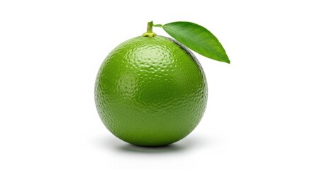 A single fresh ripe green lime with a leaf attached, isolated on a clean white background.