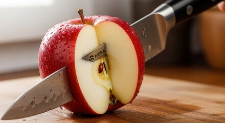 A sharp kitchen knife slicing through a fresh, crisp red apple on a wooden cutting board.