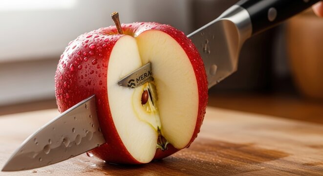 A sharp kitchen knife slicing through a fresh, crisp red apple on a wooden cutting board.
