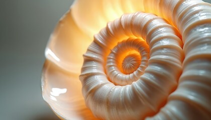 Close up of nautilus shell interior showing golden light and perfect spiral pattern. Detailed macro view of natural Fibonacci sequence in seashell growth. Marine life structure and texture.