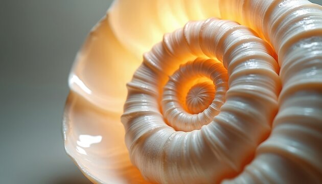 Close up of nautilus shell interior showing golden light and perfect spiral pattern. Detailed macro view of natural Fibonacci sequence in seashell growth. Marine life structure and texture.