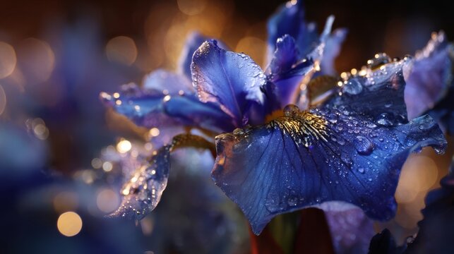 Close-Up View of Vibrant Blue Iris Flower with Dew Drops Sparkling in Soft Light, Ideal for Nature and Floral Photography Themes