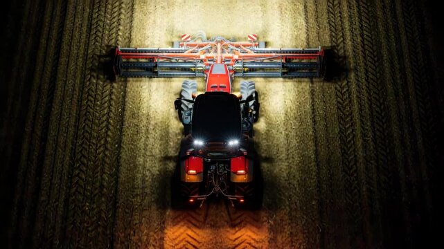 Aerial view of a tractor with a seeder working in a field at night