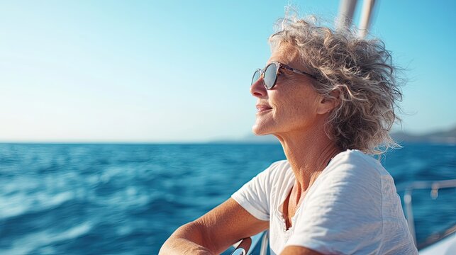 Elderly caucasian woman enjoying ocean breeze on a sunny day outdoors - Powered by Adobe