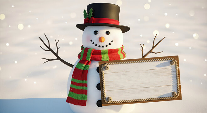 Snowman holding a blank wooden sign in winter scene. Festive holiday image with a cheerful mood. Christmas decoration, seasonal greetings, winter wonderland.