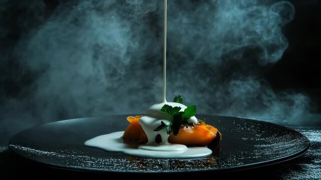 Gourmet dish with smoked elements and creamy sauce in slow pan