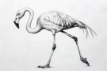 Obraz premium Detailed charcoal drawing of a walking flamingo on white background