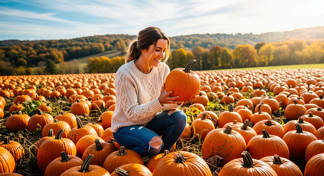 Woman holds pumpkin in pumpkin patch on a sunny day. Celebratory autumn mood and happiness. Seasonal harvest, festive vibes, fall holidays.