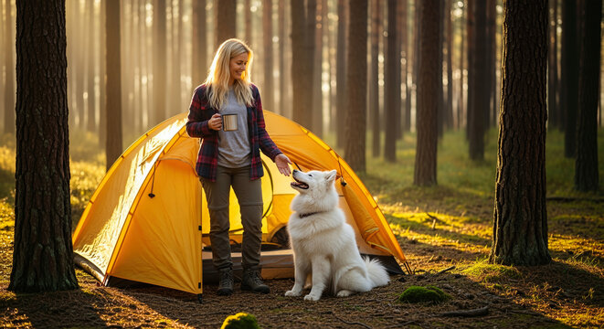Woman pets her dog near a tent in a forest at sunrise. A heartwarming lifestyle shot showcasing friendship and nature's beauty. . Outdoor adventure, canine companion, peaceful morning.