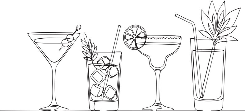 Elegant line art illustration of refreshing cocktails for sophisticated bar menus and vibrant summer promotions, evoking relaxation and fun