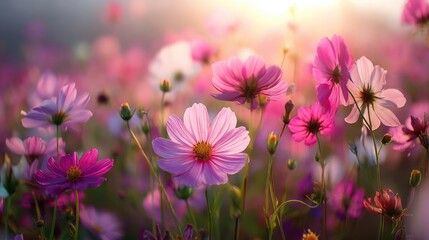 Fototapeta premium Vibrant Cosmos Flowers Blooming in a Sunny Meadow with Soft Light and Colorful Petals Creating a Dreamy Atmosphere of Nature in Spring