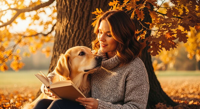 Woman reading a book with her golden retriever dog in a park in autumn. A heartwarming scene of companionship and nature's beauty. Autumn aesthetic, best friends, peaceful moment.